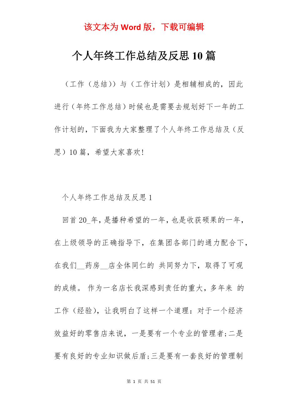 个人年终工作总结及反思10篇.docx_第1页