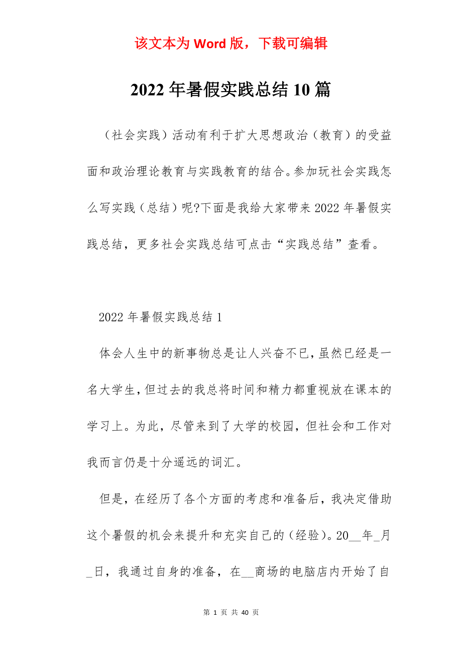 2022年暑假实践总结10篇.docx_第1页