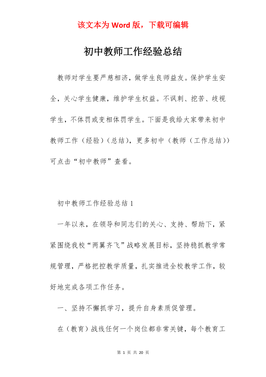 初中教师工作经验总结.docx_第1页