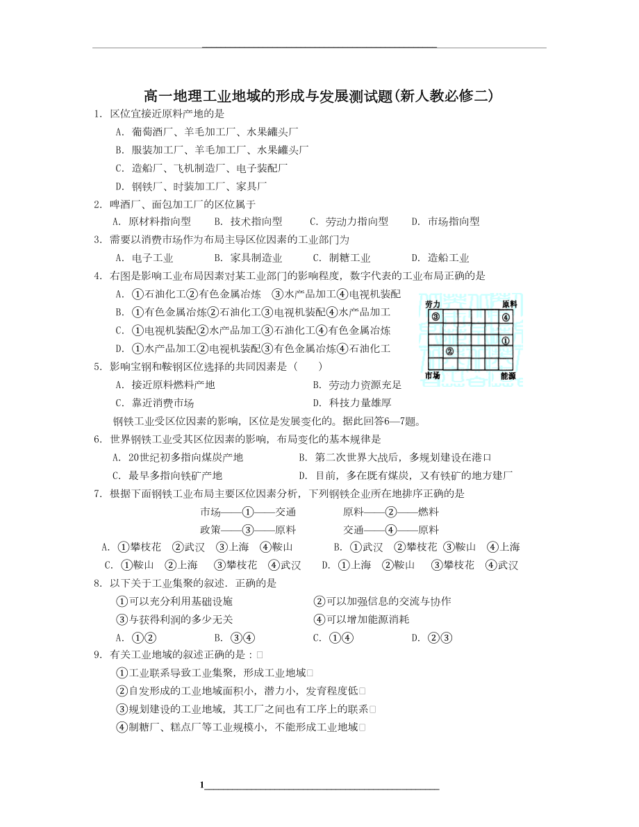 -高中地理新人教版必修2第四单元-工业地域的形成与发展测试题.doc_第1页