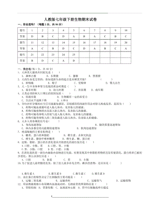 -2018人教版七年级下册生物期末测试题及答案.doc