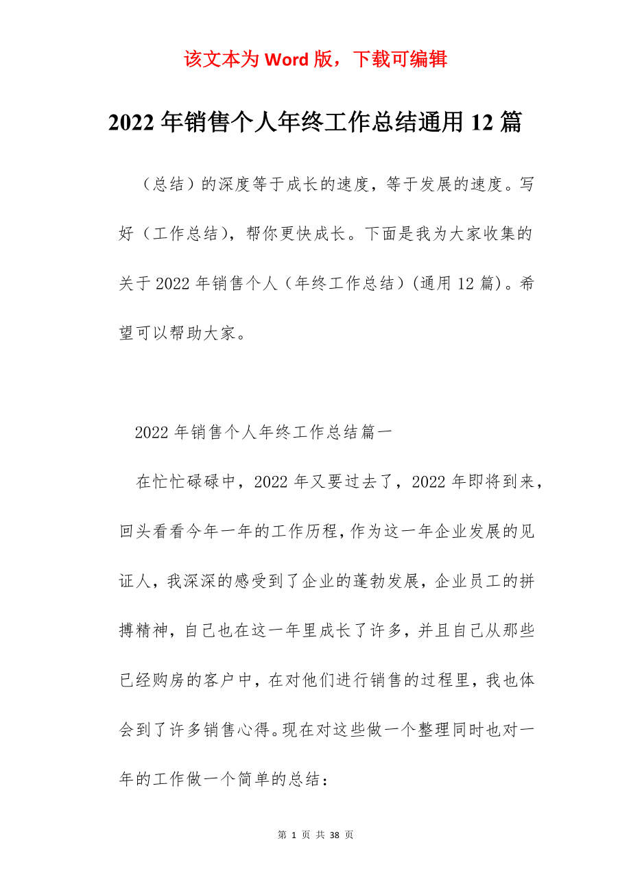 2022年销售个人年终工作总结通用12篇.docx_第1页