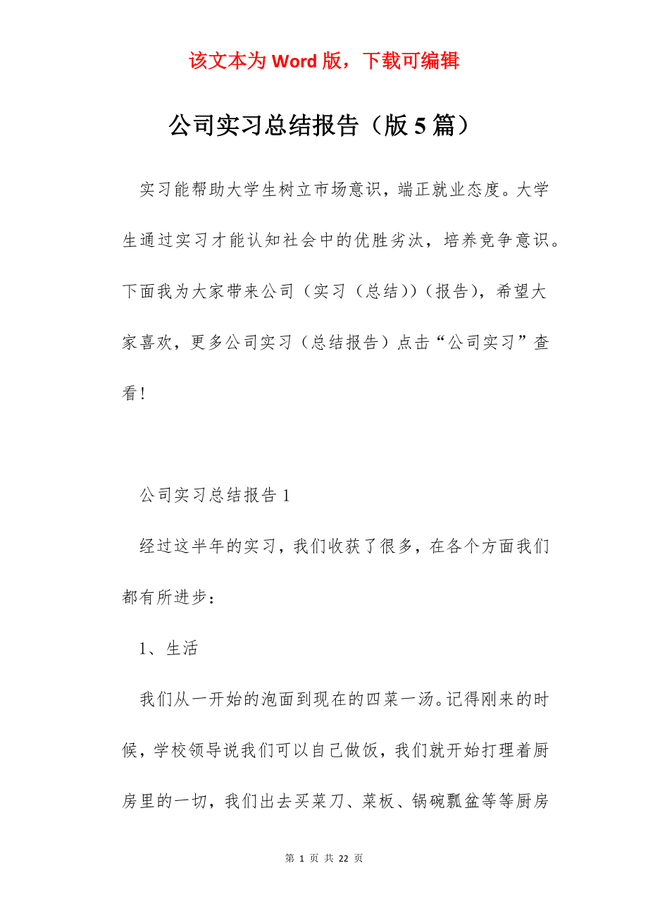 公司实习总结报告（版5篇）.docx_第1页