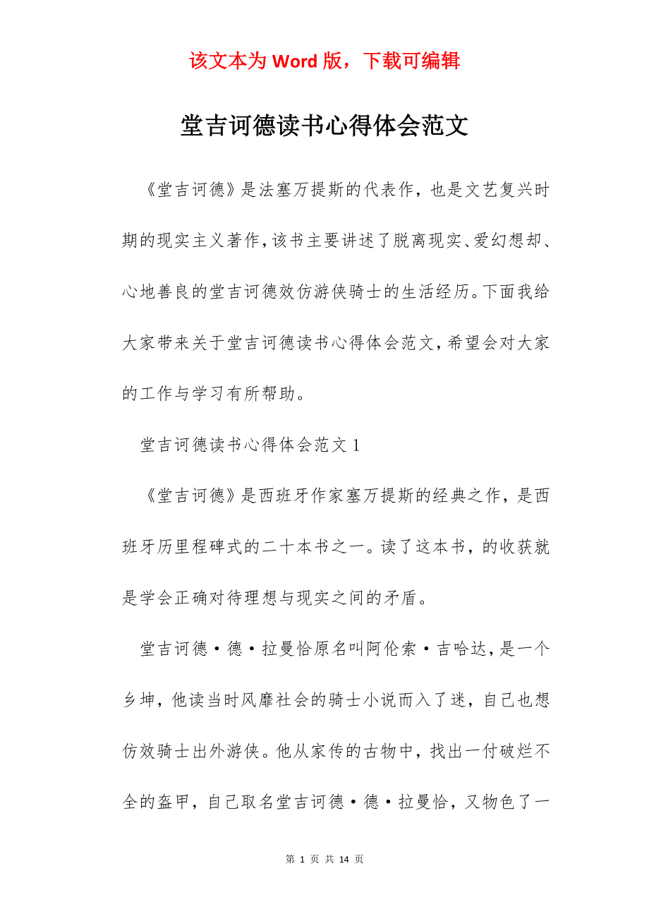 堂吉诃德读书心得体会范文.docx_第1页