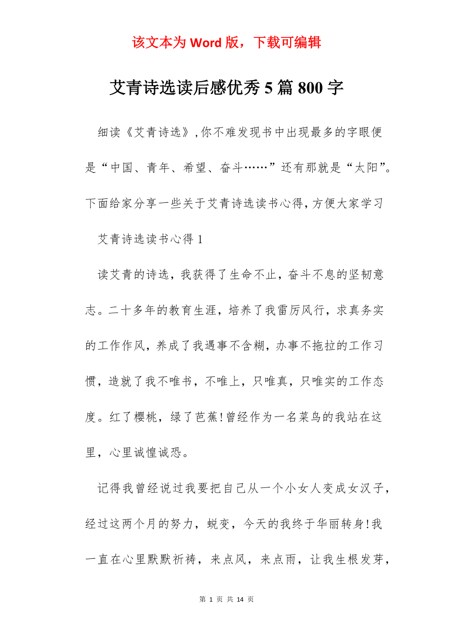 艾青诗选读后感优秀5篇800字.docx_第1页