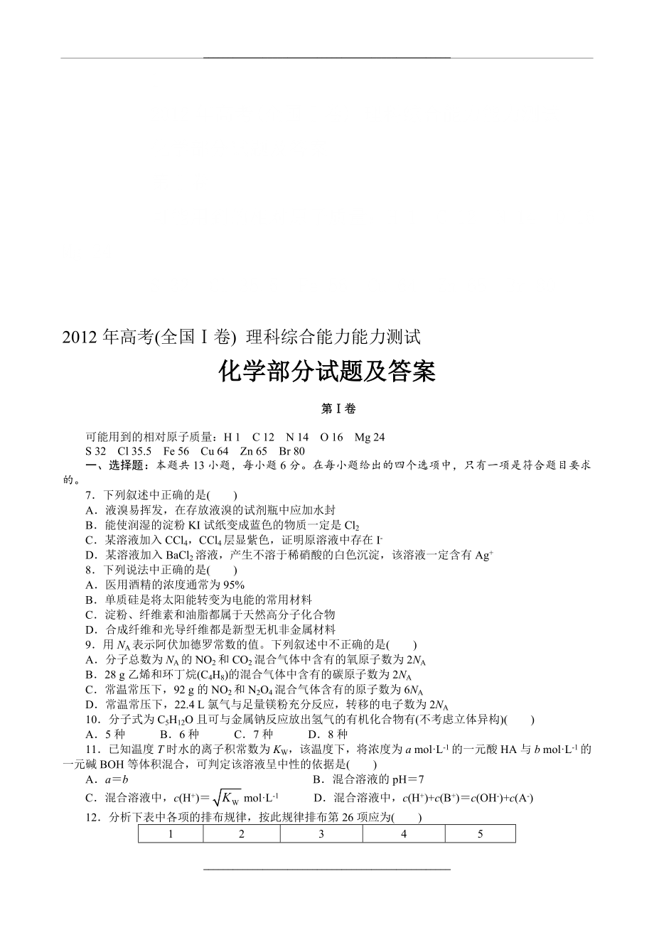 -2020年整理年高考理综化学试题及答案(全国卷i)汇编.doc_第1页