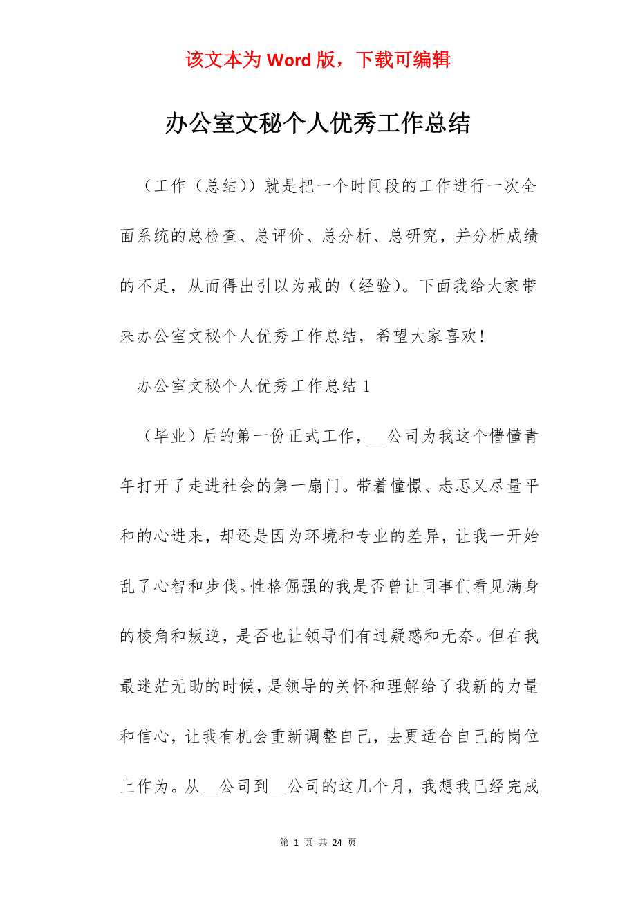 办公室文秘个人优秀工作总结.docx_第1页