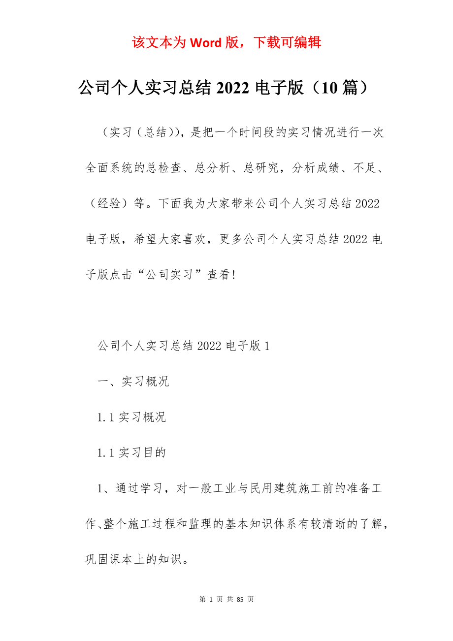 公司个人实习总结2022电子版（10篇）.docx_第1页