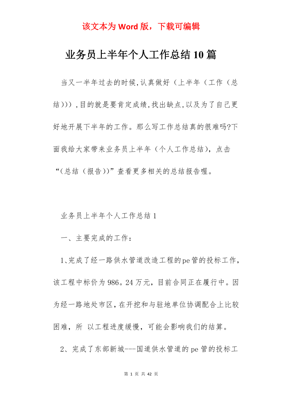 业务员上半年个人工作总结10篇.docx_第1页