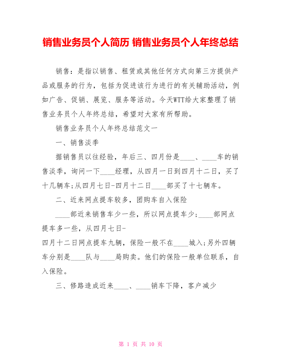 销售业务员个人简历 销售业务员个人年终总结.doc_第1页