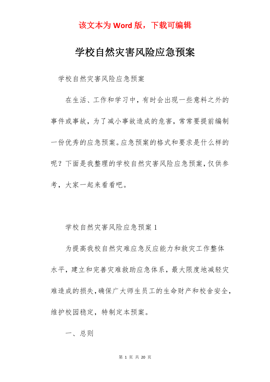 学校自然灾害风险应急预案.docx_第1页