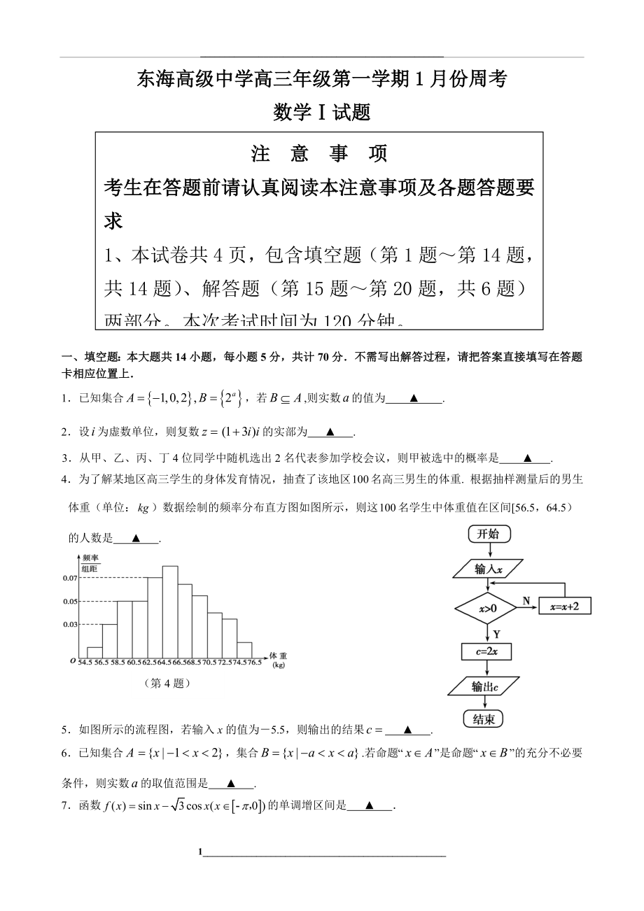 江苏省东海高级中学届高三1月周练数学试题.doc_第1页