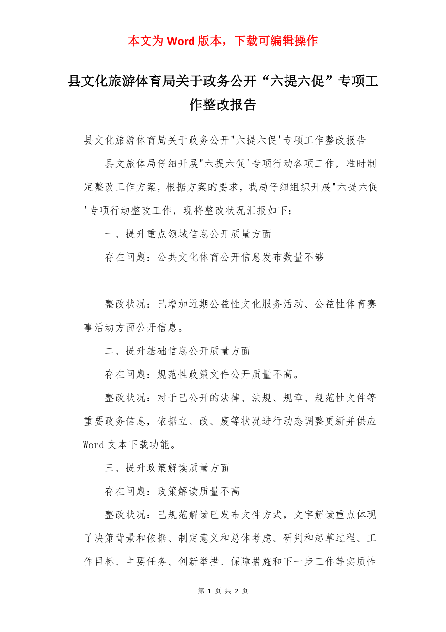 县文化旅游体育局关于政务公开“六提六促”专项工作整改报告.docx_第1页