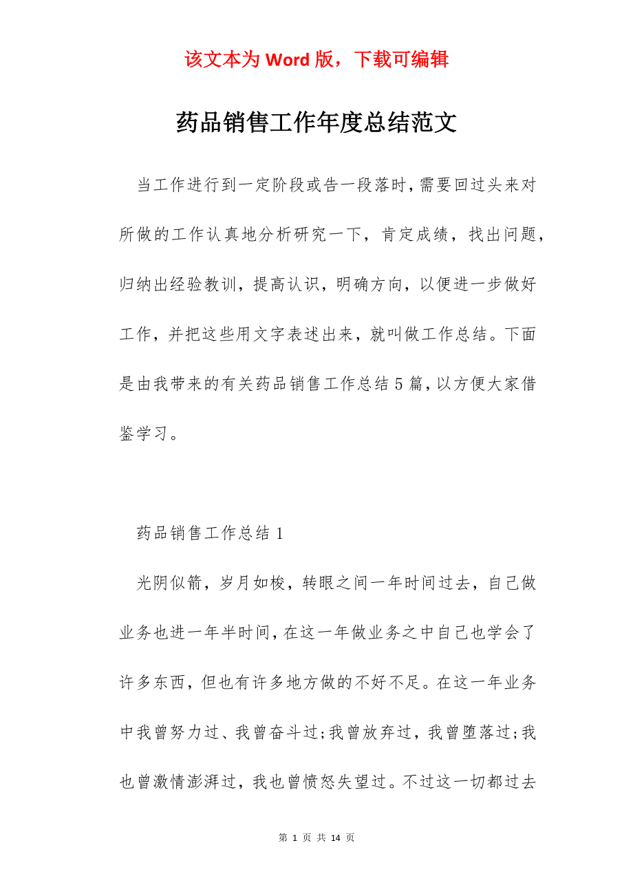 药品销售工作年度总结范文.docx_第1页