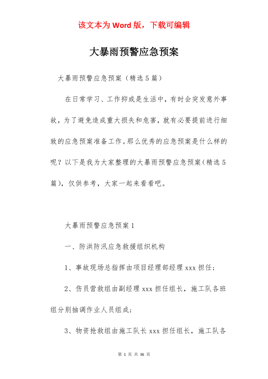 大暴雨预警应急预案.docx_第1页