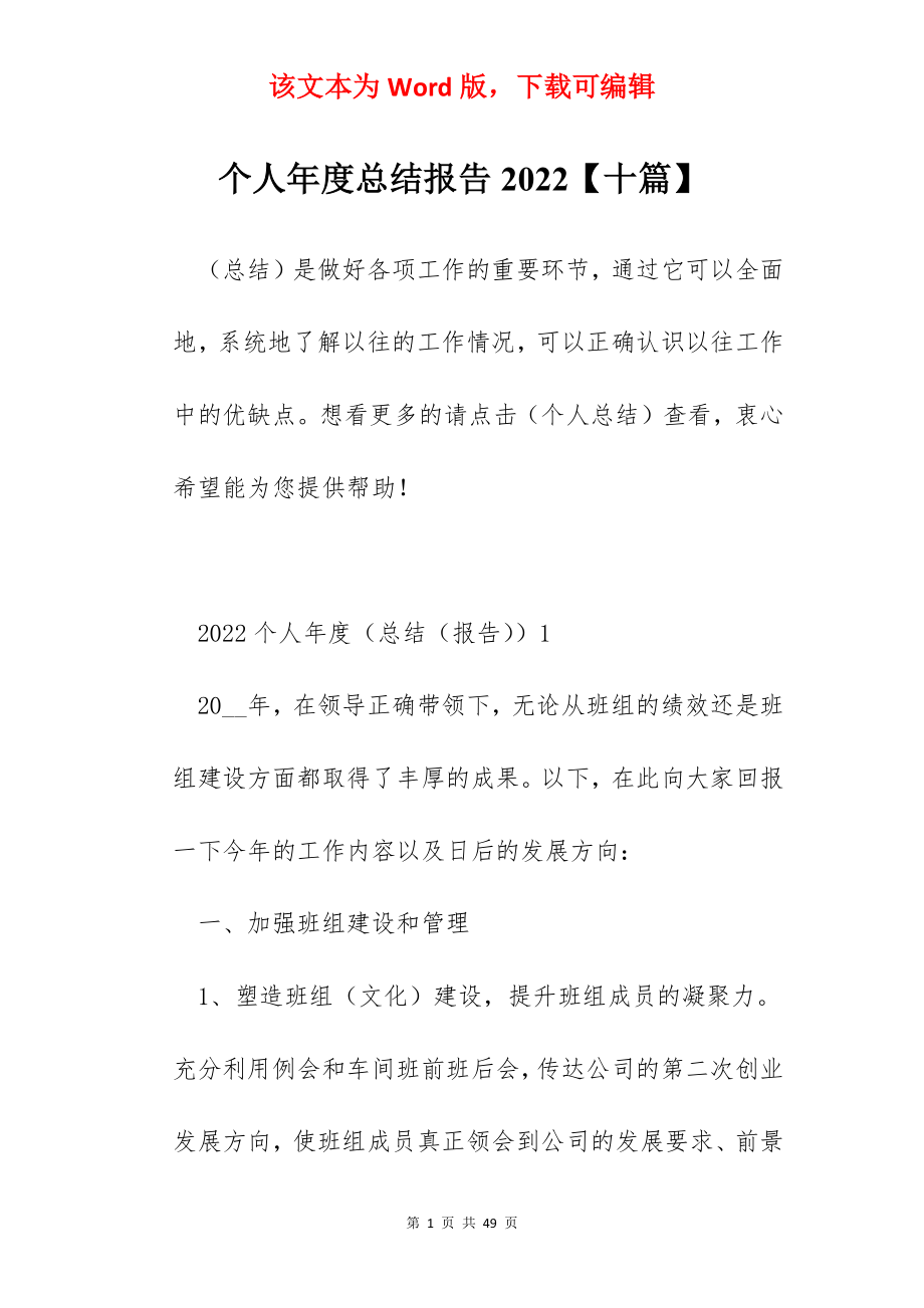 个人年度总结报告2022【十篇】.docx_第1页