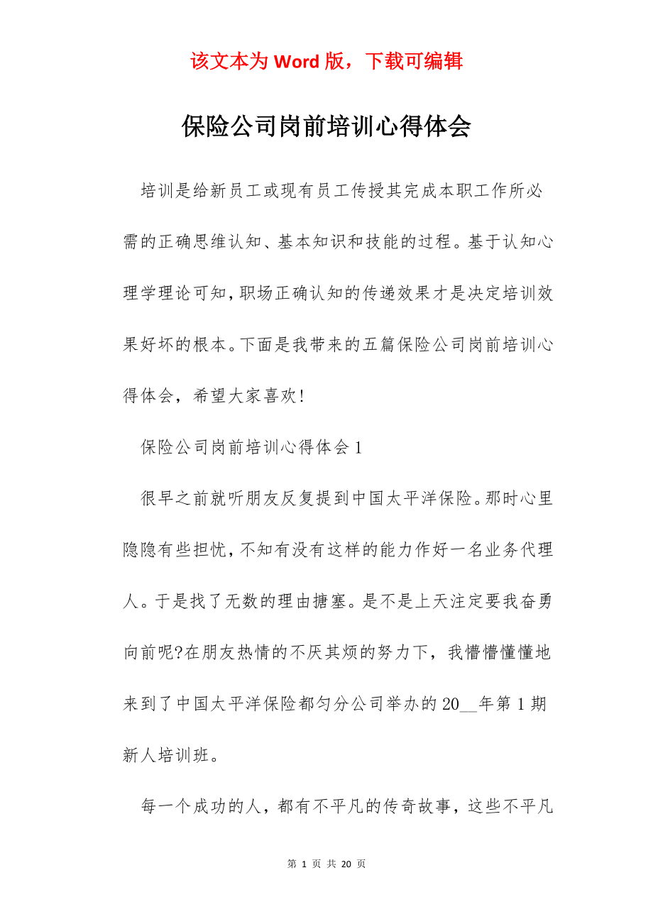 保险公司岗前培训心得体会.docx_第1页