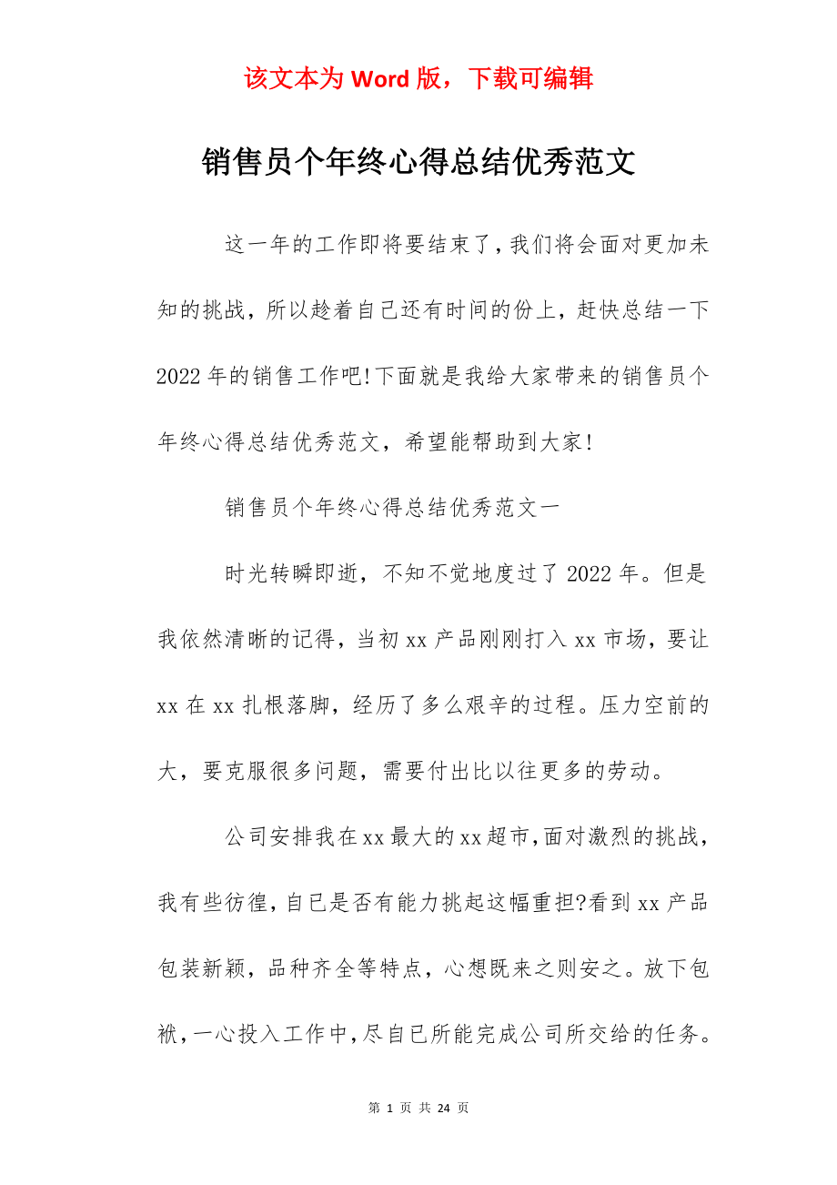 销售员个年终心得总结优秀范文.docx_第1页