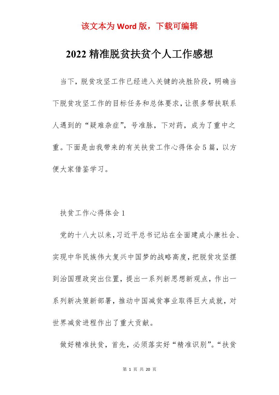 2022精准脱贫扶贫个人工作感想.docx_第1页