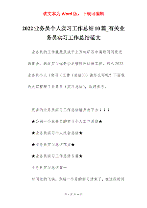 2022业务员个人实习工作总结10篇_有关业务员实习工作总结范文.docx