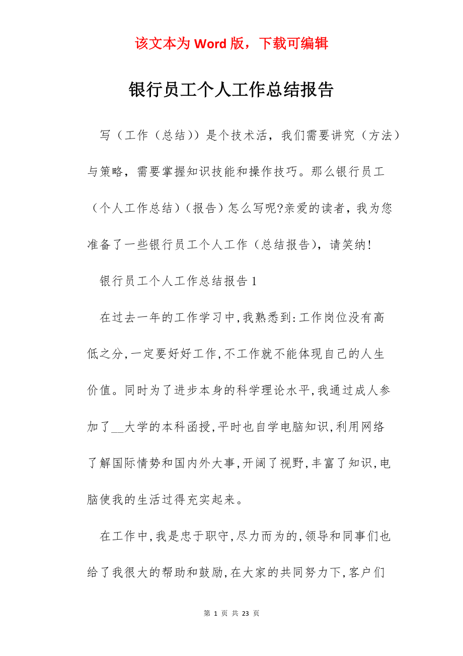 银行员工个人工作总结报告.docx_第1页