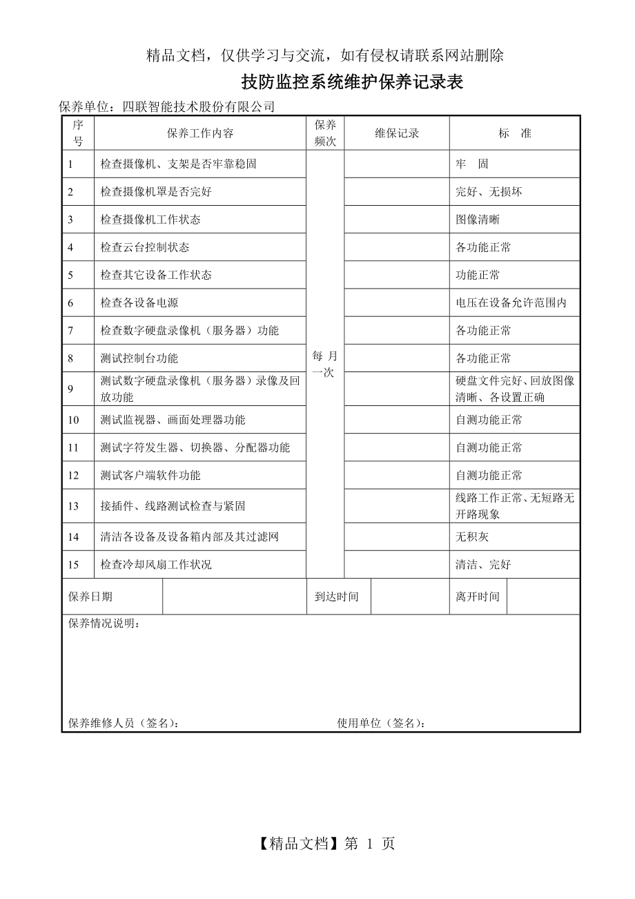 技防监控系统维护保养记录表.doc_第1页