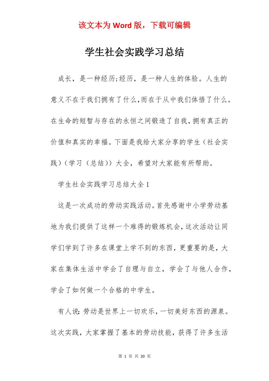 学生社会实践学习总结.docx_第1页