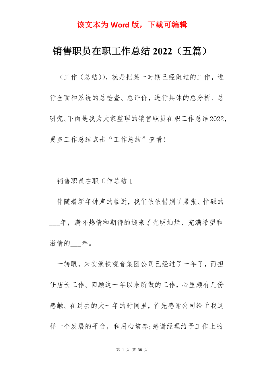 销售职员在职工作总结2022（五篇）.docx_第1页