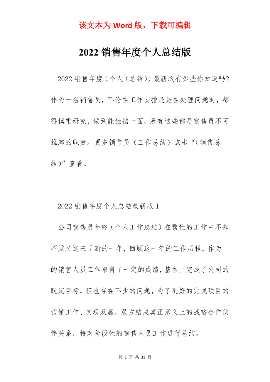 2022销售年度个人总结版.docx_第1页