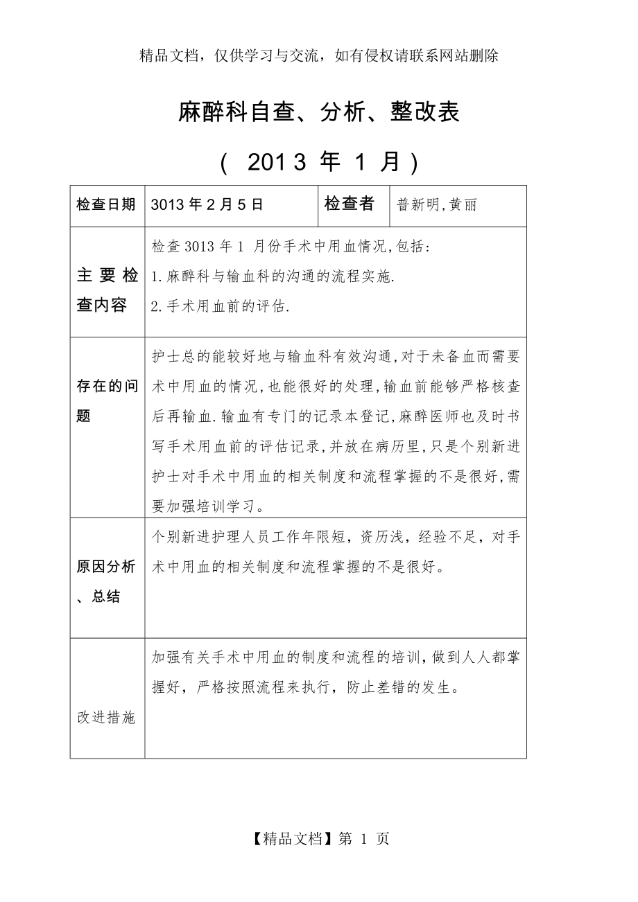 手术用血.1-麻醉科自查、分析、整改表..doc_第1页