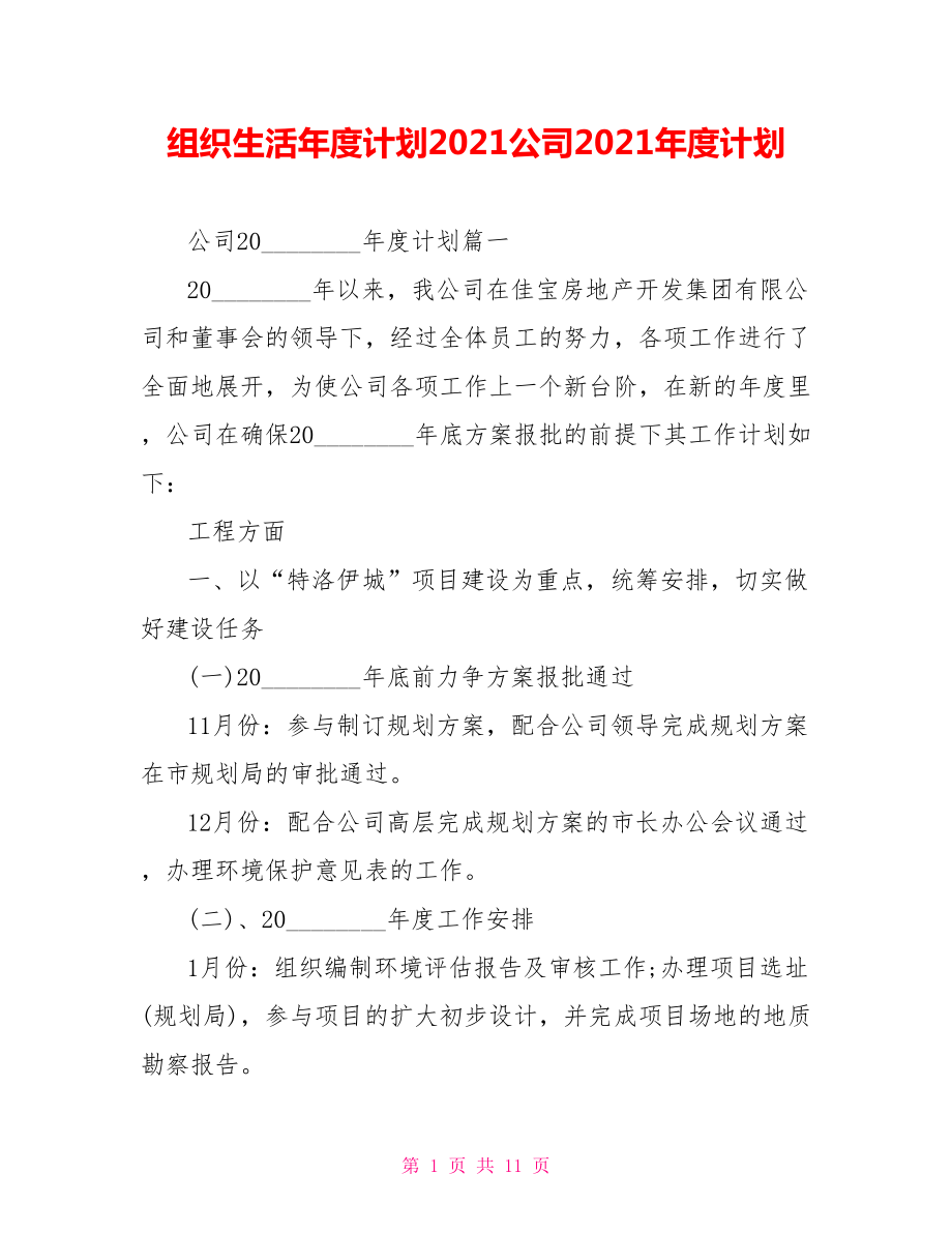 组织生活年度计划2021公司2021年度计划.doc_第1页