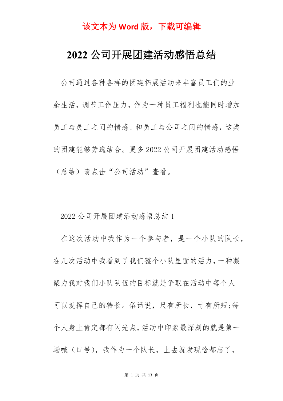 2022公司开展团建活动感悟总结.docx_第1页