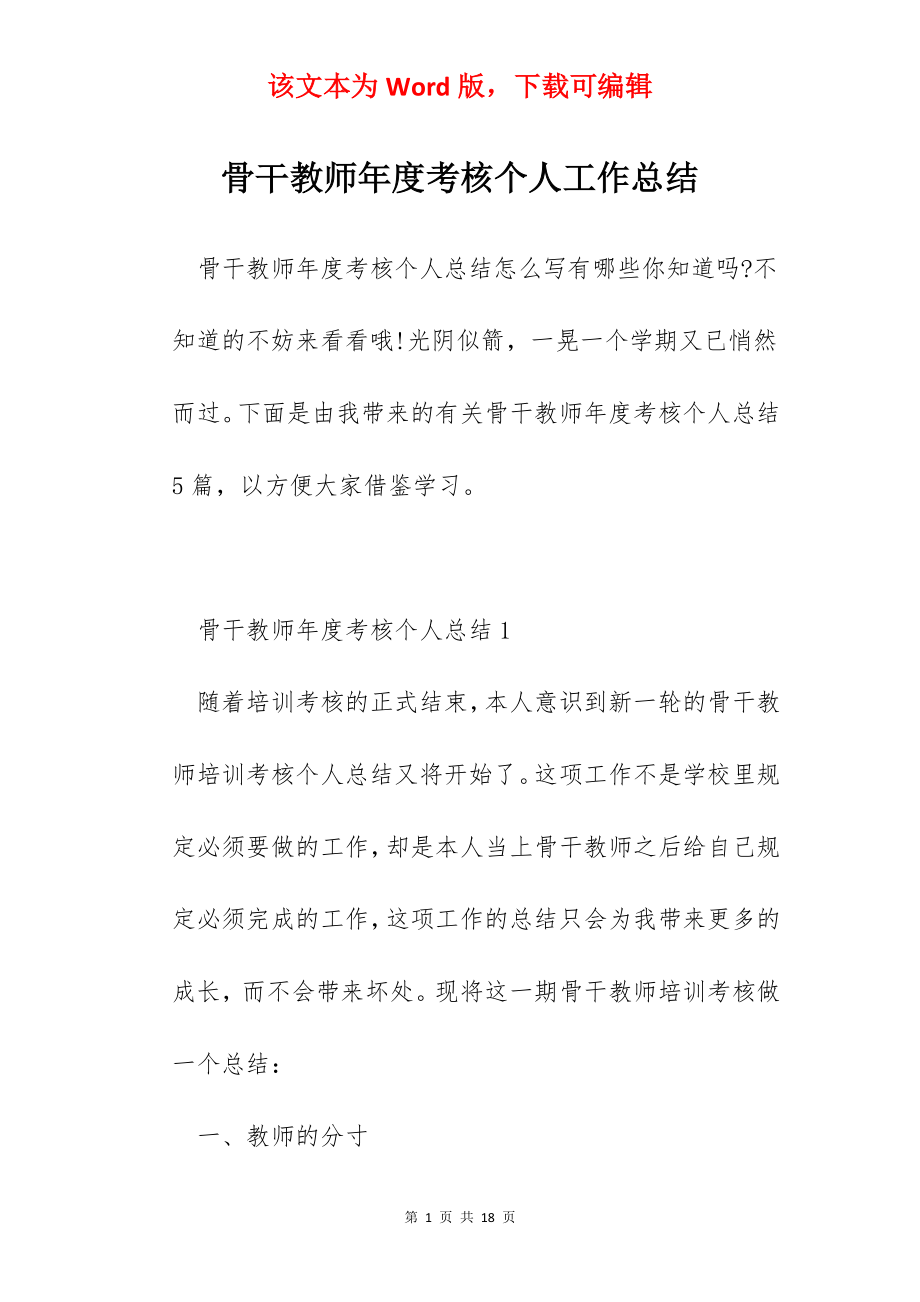 骨干教师年度考核个人工作总结.docx_第1页