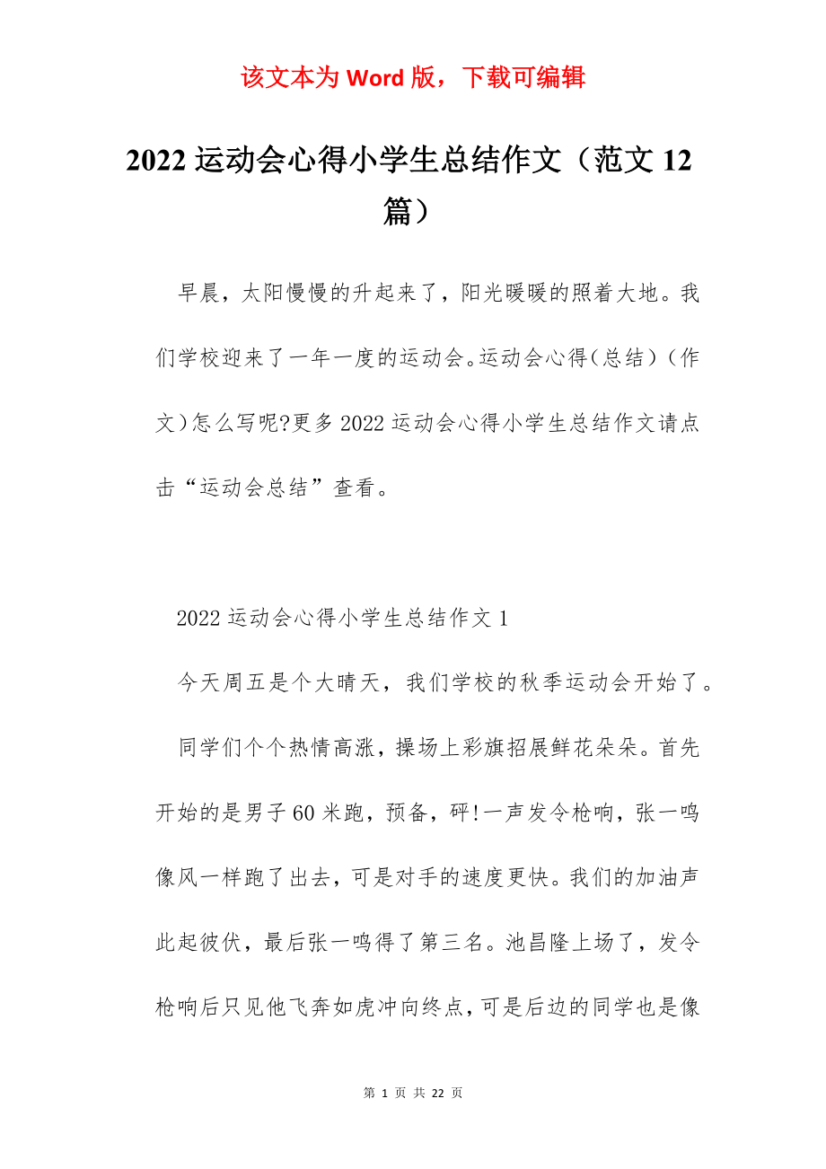 2022运动会心得小学生总结作文（范文12篇）.docx_第1页