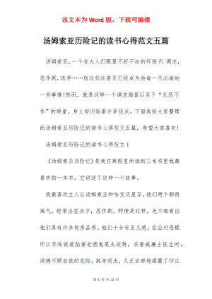 汤姆索亚历险记的读书心得范文五篇.docx