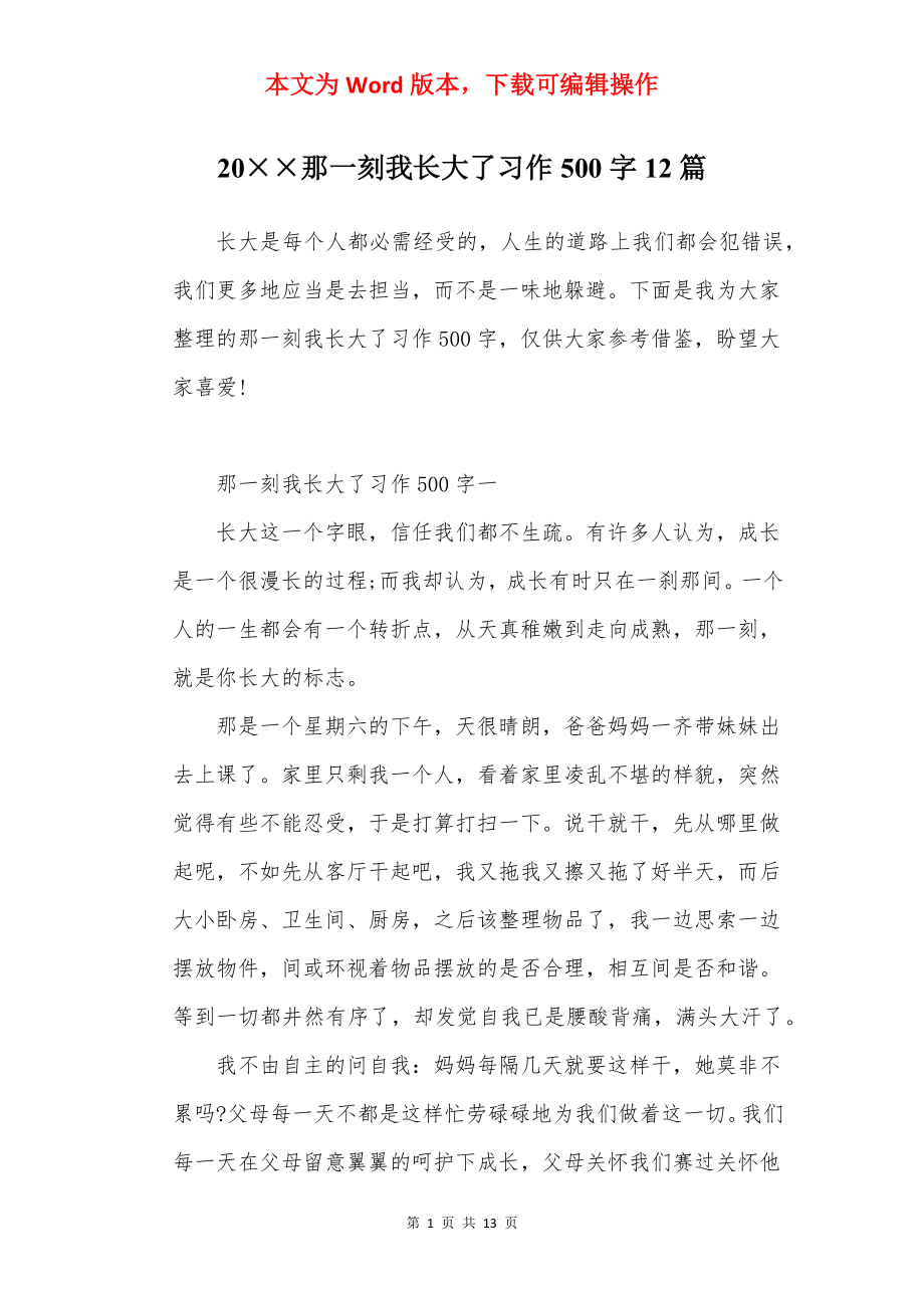 20××那一刻我长大了习作500字12篇.docx_第1页