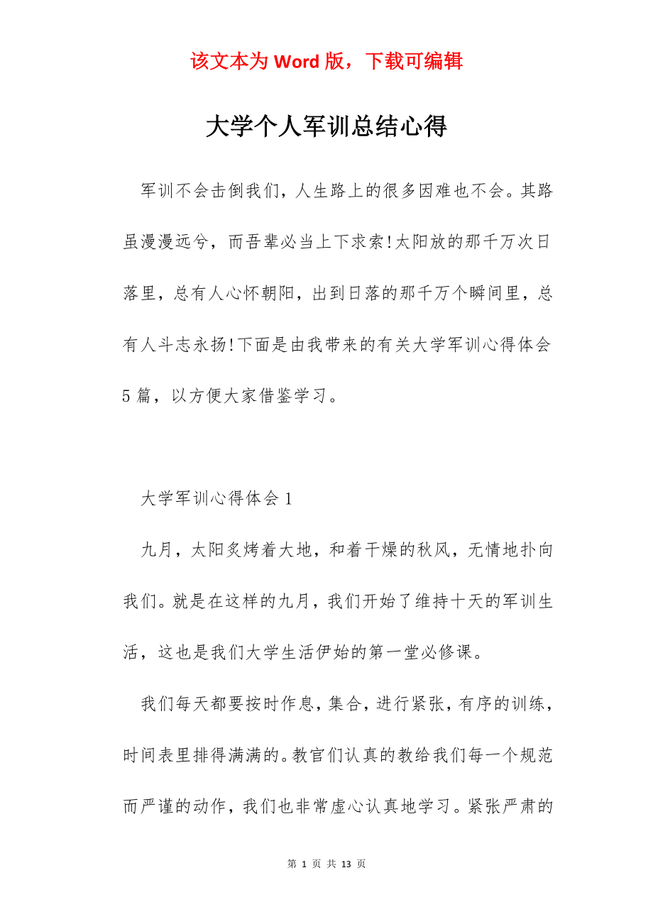 大学个人军训总结心得.docx_第1页