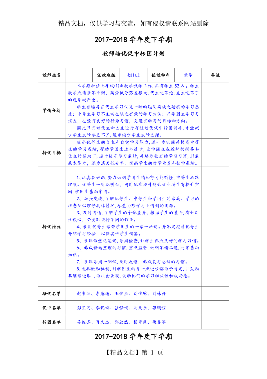 教师培优促中转困计划及帮扶学生辅导记录.doc_第1页