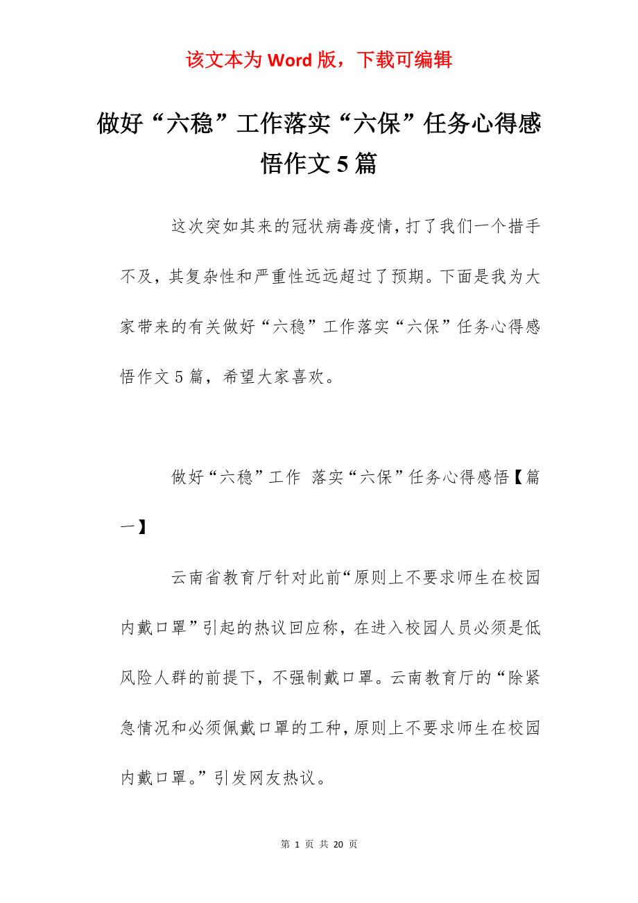 做好“六稳”工作落实“六保”任务心得感悟作文5篇.docx_第1页