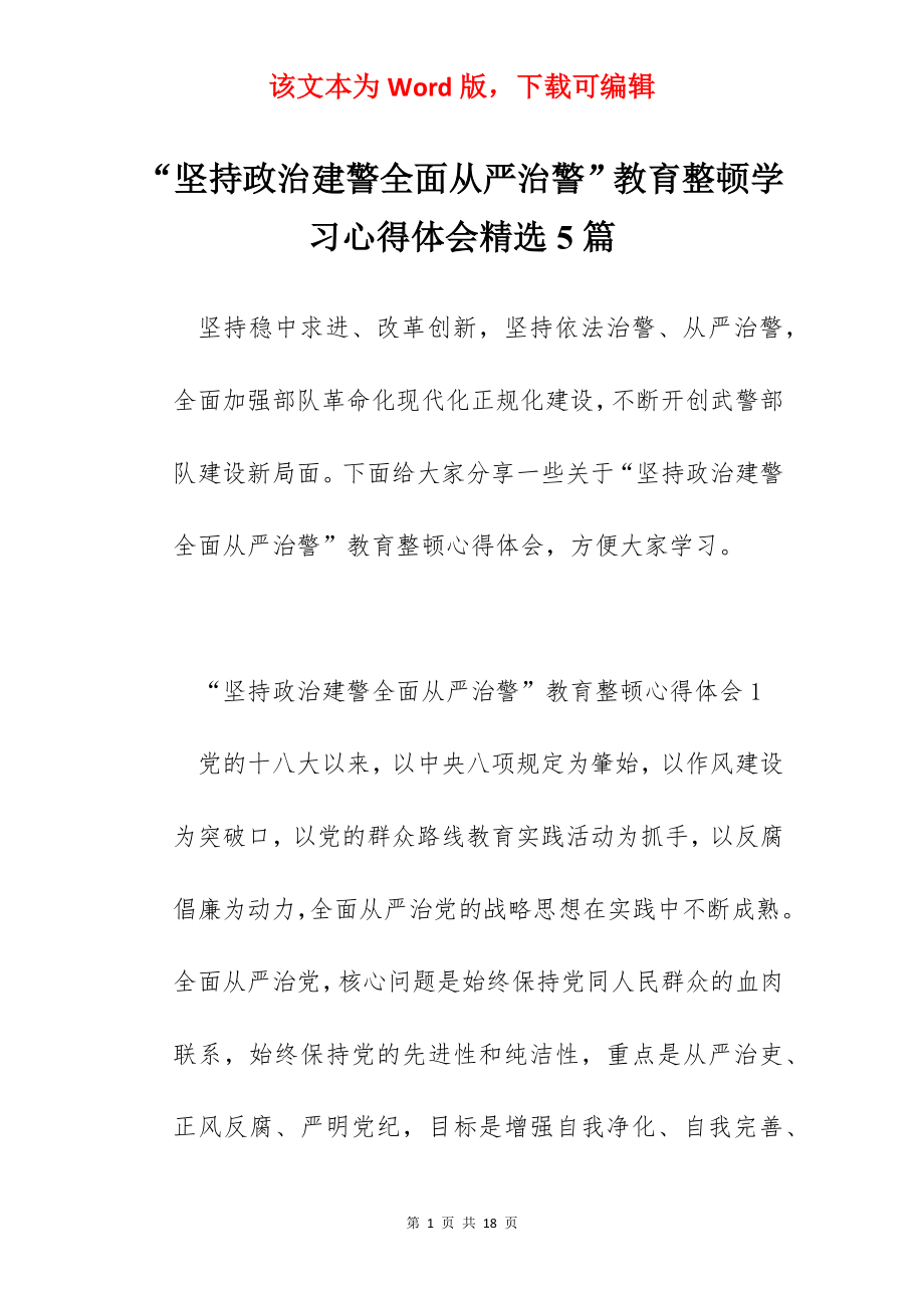 “坚持政治建警全面从严治警”教育整顿学习心得体会精选5篇.docx_第1页