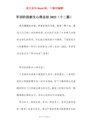 军训阶段新生心得总结2022（十二篇）.docx