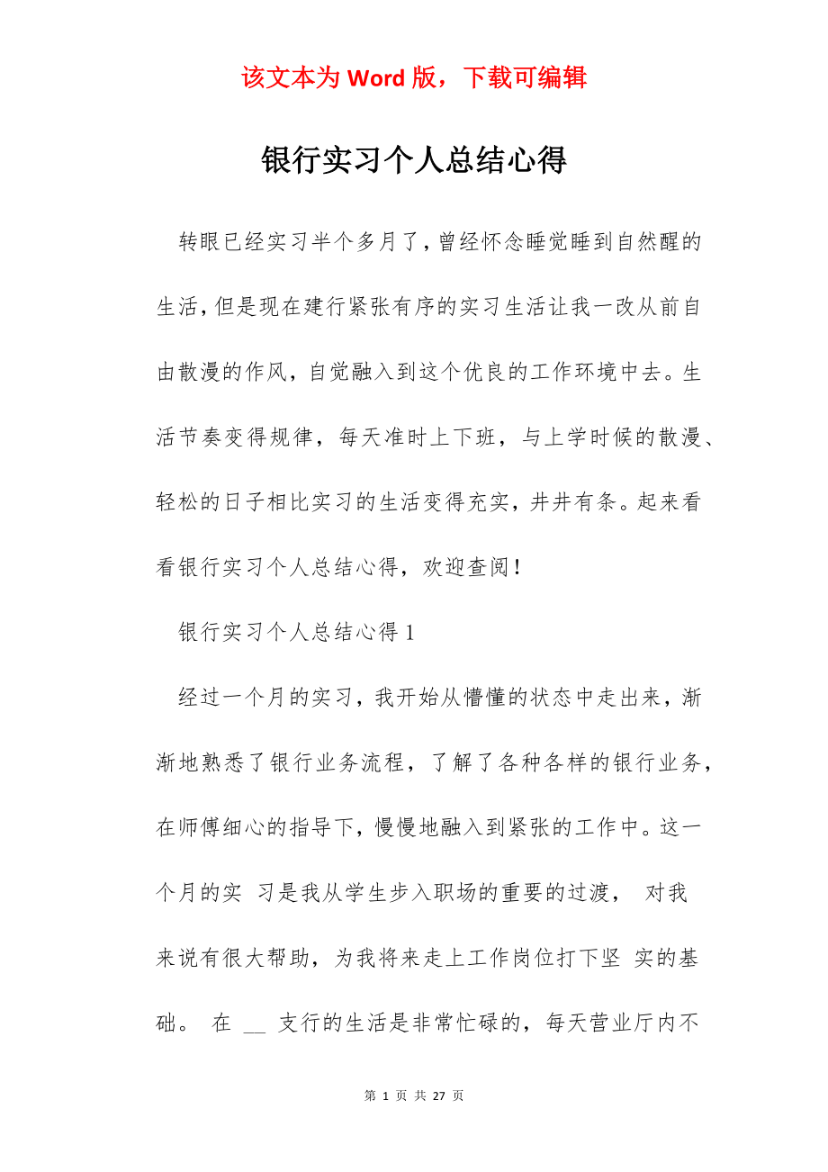 银行实习个人总结心得.docx_第1页