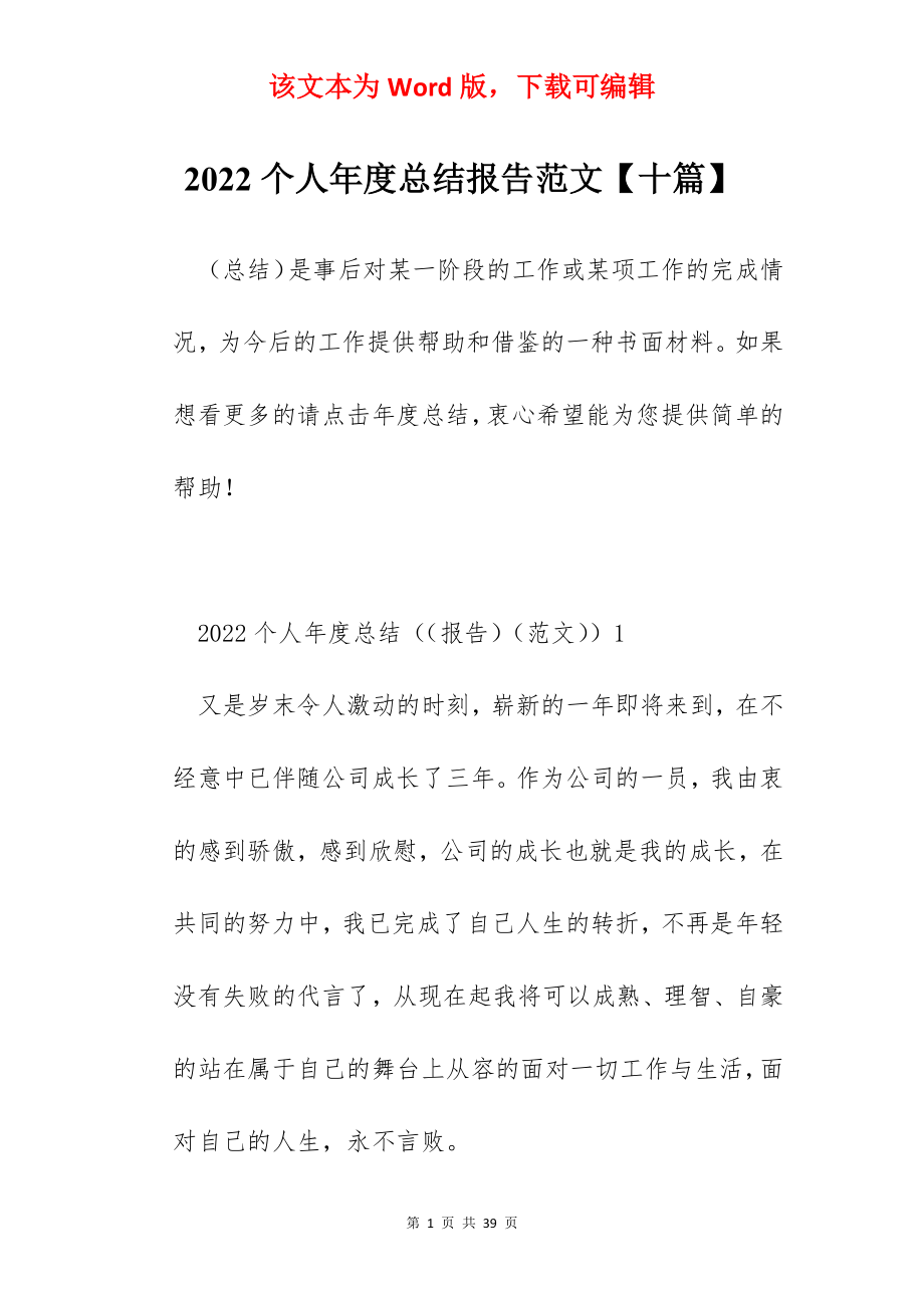 2022个人年度总结报告范文【十篇】.docx_第1页