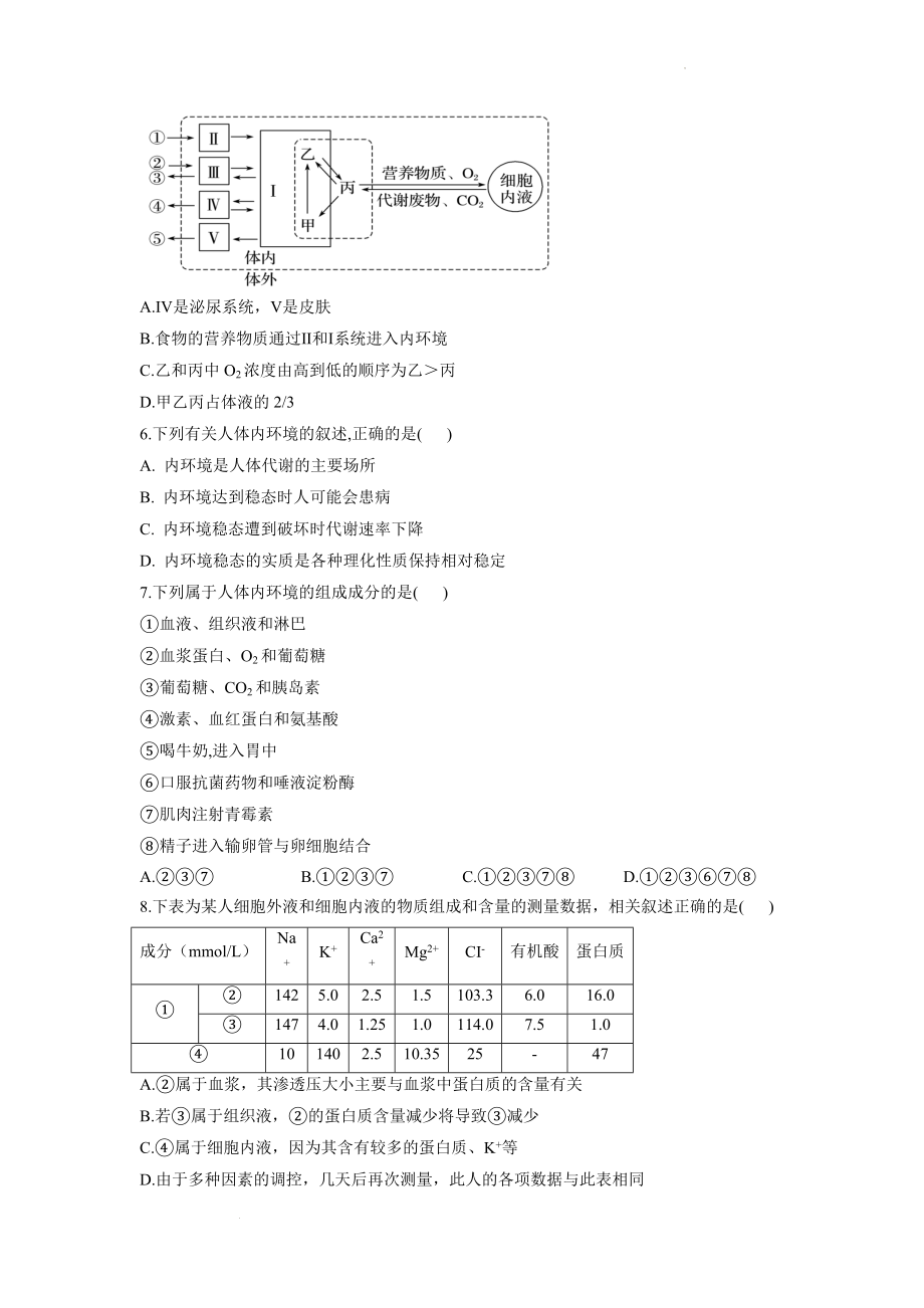 2.1内环境的稳态同步课时训练--高二上学期生物苏教版（2019）选择性必修1.docx_第2页