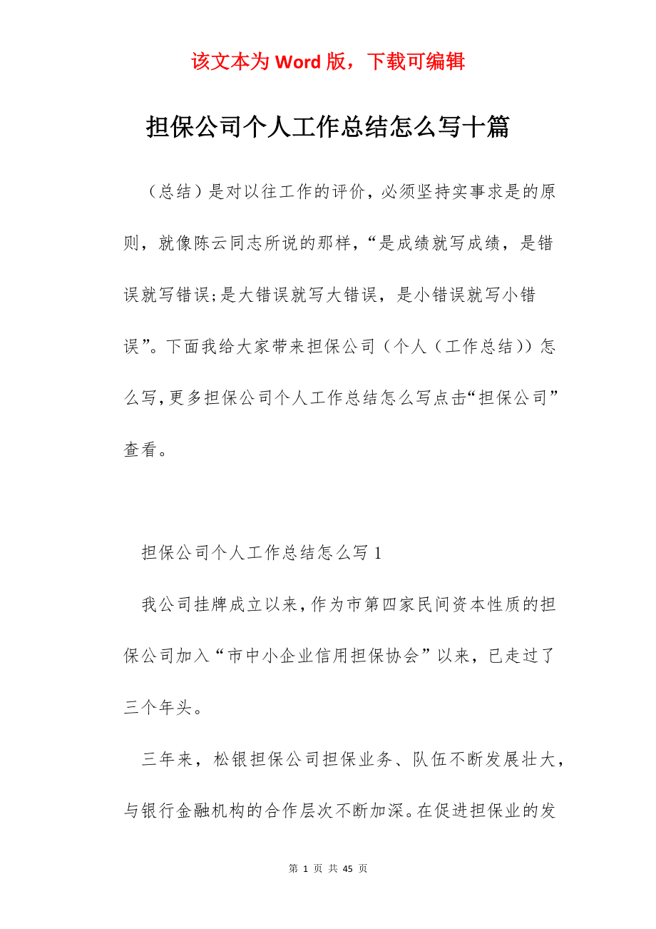 担保公司个人工作总结怎么写十篇.docx_第1页