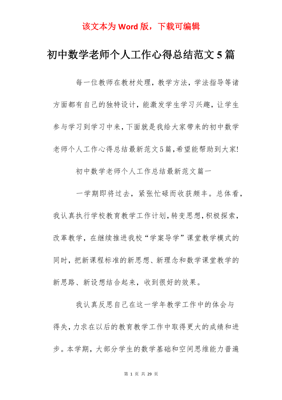 初中数学老师个人工作心得总结范文5篇.docx_第1页