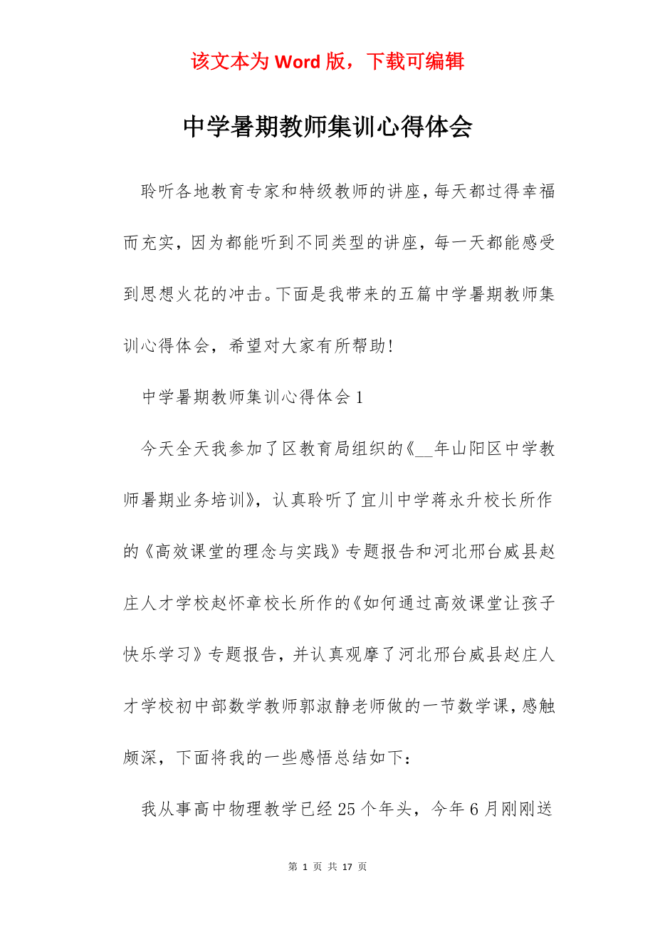 中学暑期教师集训心得体会.docx_第1页