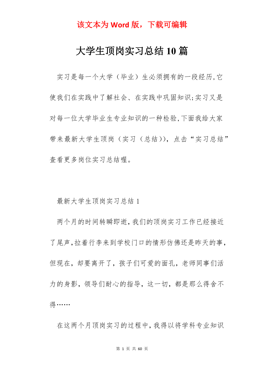 大学生顶岗实习总结10篇.docx_第1页