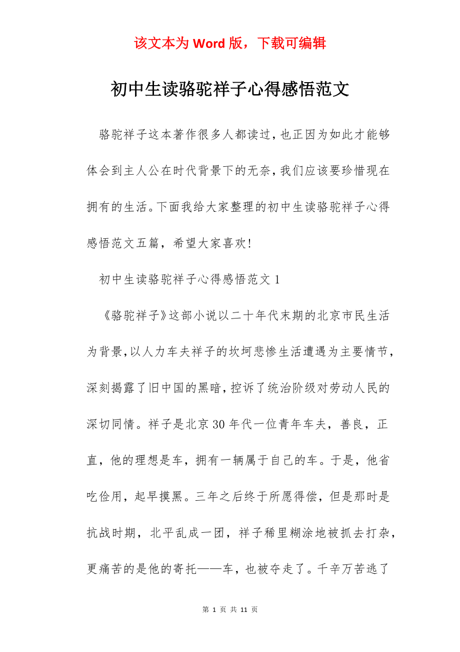 初中生读骆驼祥子心得感悟范文.docx_第1页