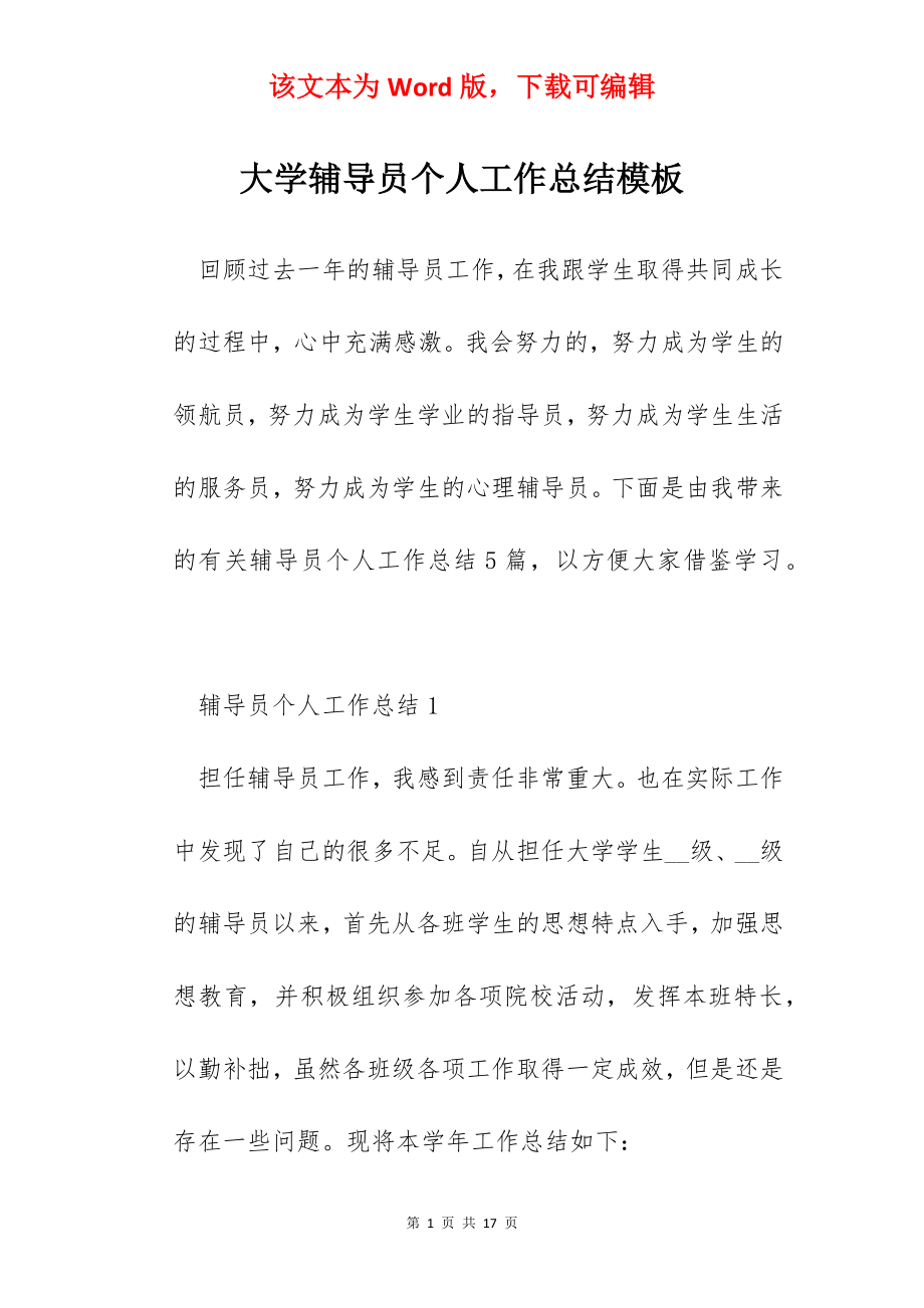 大学辅导员个人工作总结模板.docx_第1页